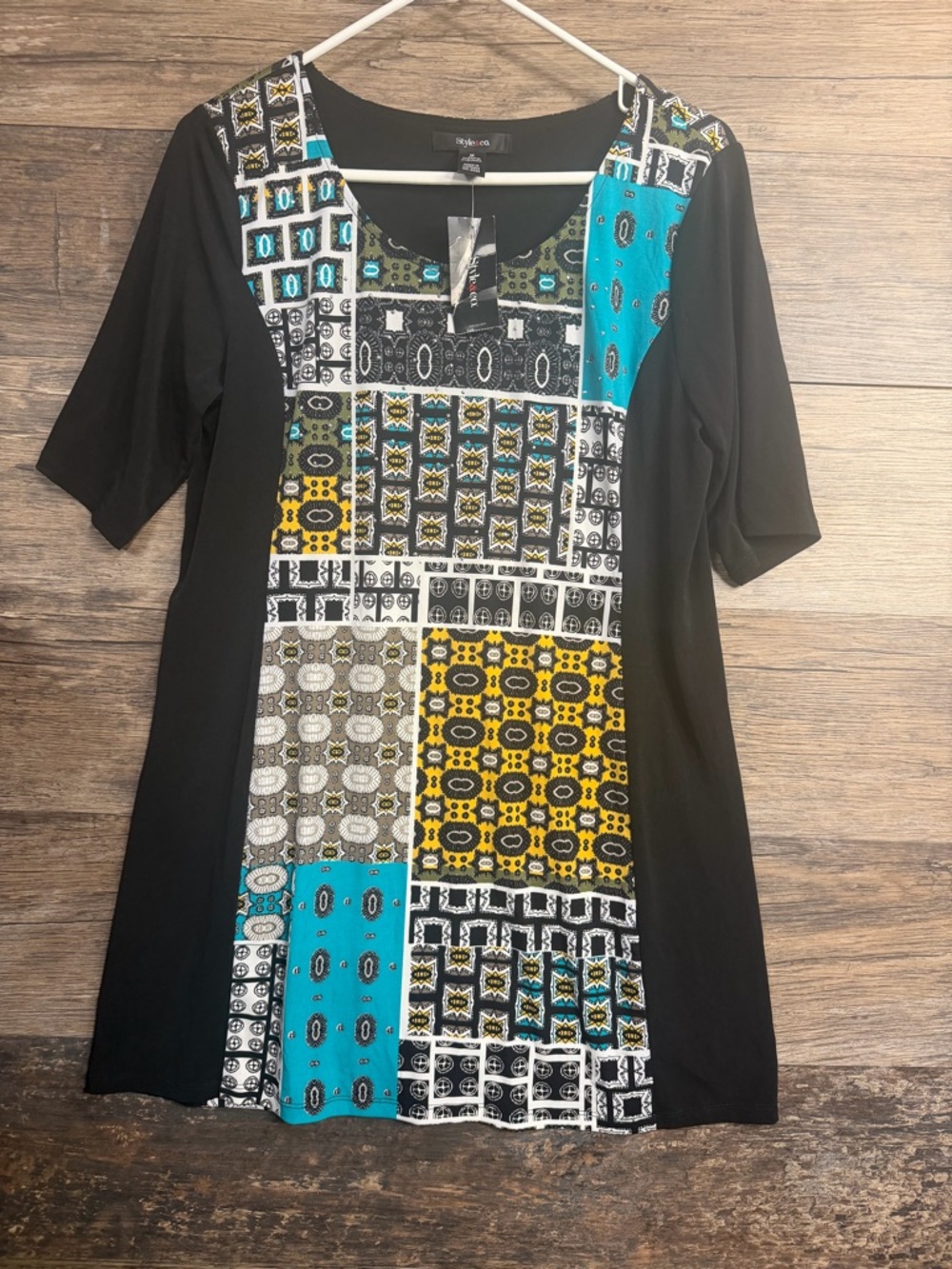 Style & Co. Black Tunic Dress with Teal and Yellow Patchwork‎